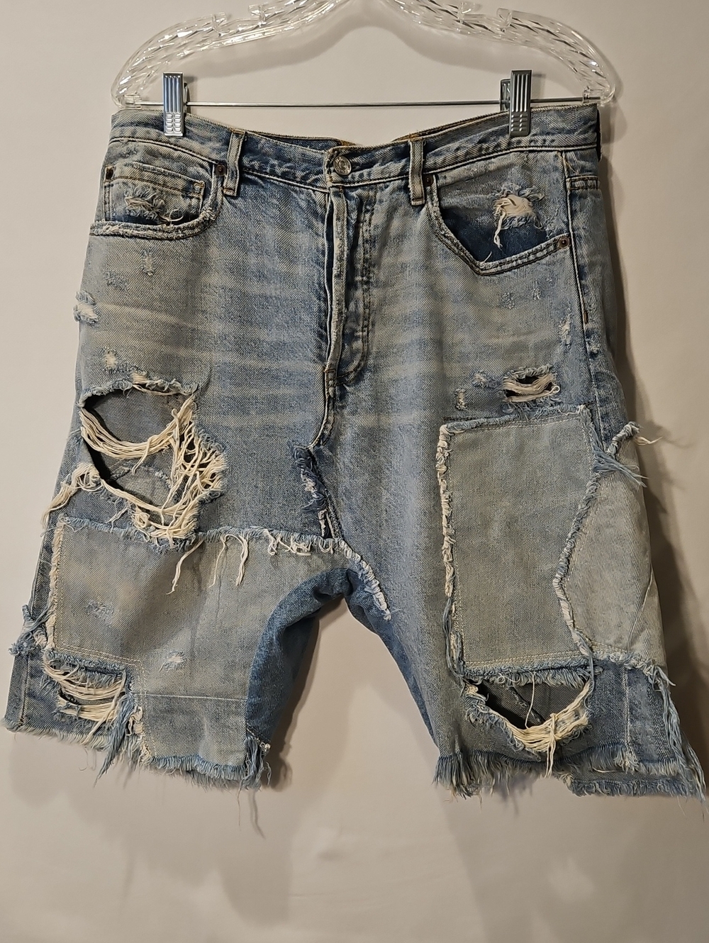 Free People Soft Drop Crotch Light Blue Distressed Patchwork Denim Shorts 0191